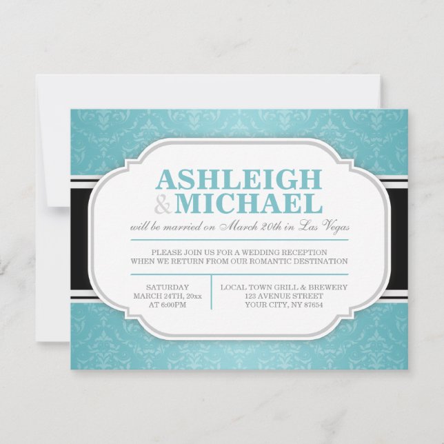Grey & Turquoise Damask Wedding Reception ONLY Invitation (Front)