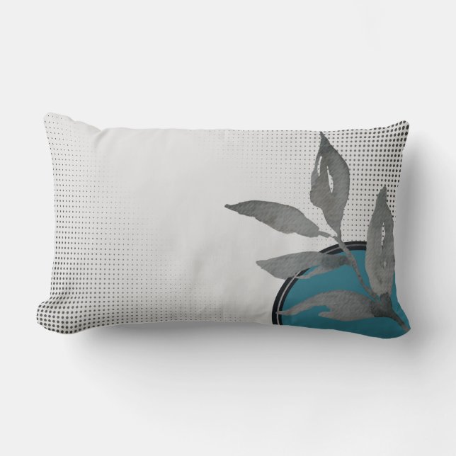 Grey & Turquoise Simple Watercolor Leaf Design Lumbar Cushion (Front)