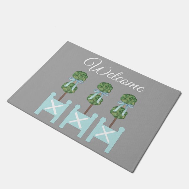 Grey Turquoise  Topiary Birds Doormat Rug (Angled)