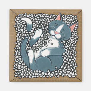 Grey Tuxedo Cat Sleeping in Box of Packing Peanuts Magnet