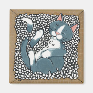 Grey Tuxedo Cat Sleeping in Box of Packing Peanuts Magnet