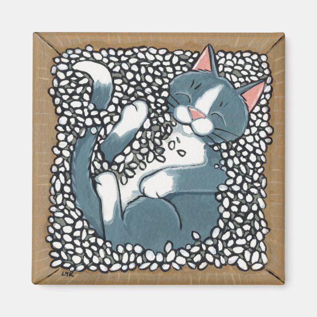 Grey Tuxedo Cat Sleeping in Box of Packing Peanuts Magnet (Front)