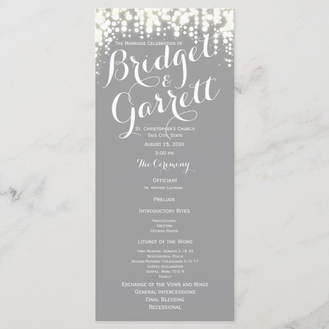 Grey Twinkle Lights Wedding Program Programme (Front)