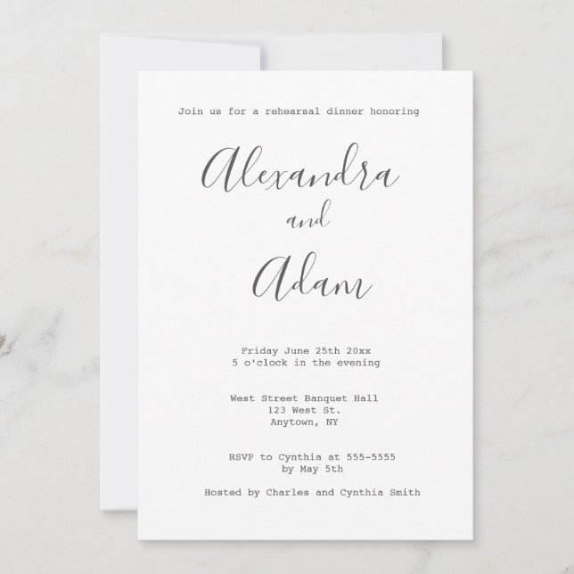 Grey typography rehearsal dinner invitations (Front)