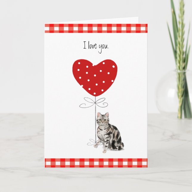 Grey Valentine Cat with Heart Balloon Red & White  Card (Front)