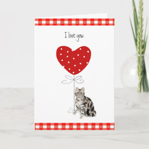 Grey Valentine Cat with Heart Balloon Red & White  Card