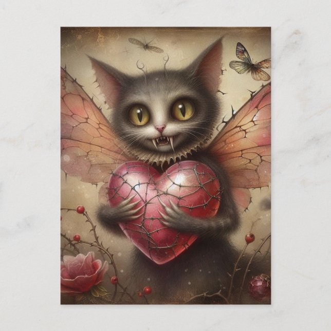 Grey Vampire Cat Fairy Postcard (Front)