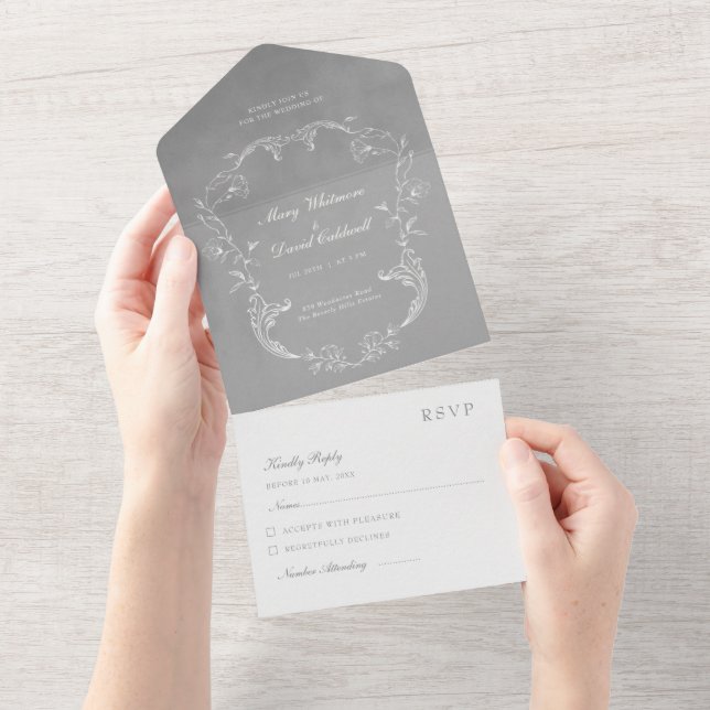Grey Velvet Elegant Baroque Frame Wedding All In One Invitation (Tearaway)