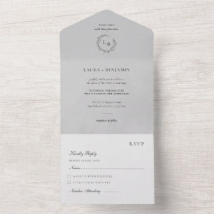 Grey Velvet Laurel Wreath Minimalist Wedding All In One Invitation