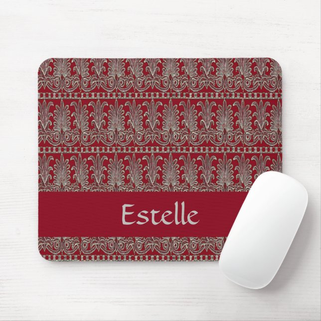 Grey Victorian decorative pattern maroon Mouse Mat (With Mouse)