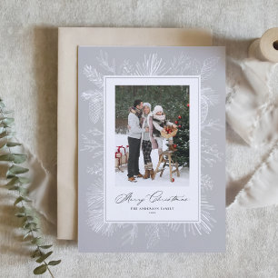 Grey Vintage Botanical Frame Photo Merry Christmas Holiday Card