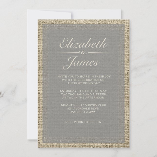 Grey Vintage Burlap Wedding Invitations (Front)