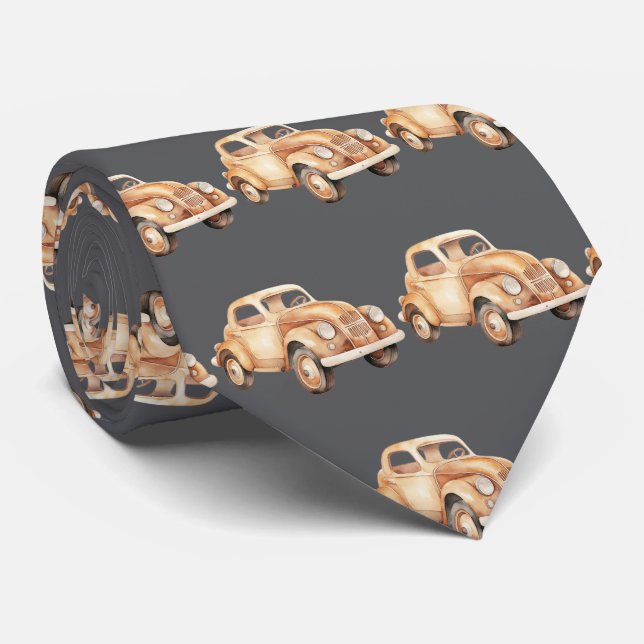 Grey Vintage Child's Car Toy Pattern Tie (Rolled)