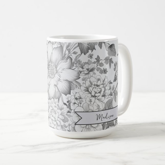 Grey Vintage Chinoiserie Floral Personalised Coffee Mug (Front Right)