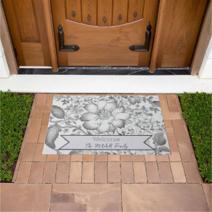 Grey Vintage Chinoiserie Floral Personalised Doormat
