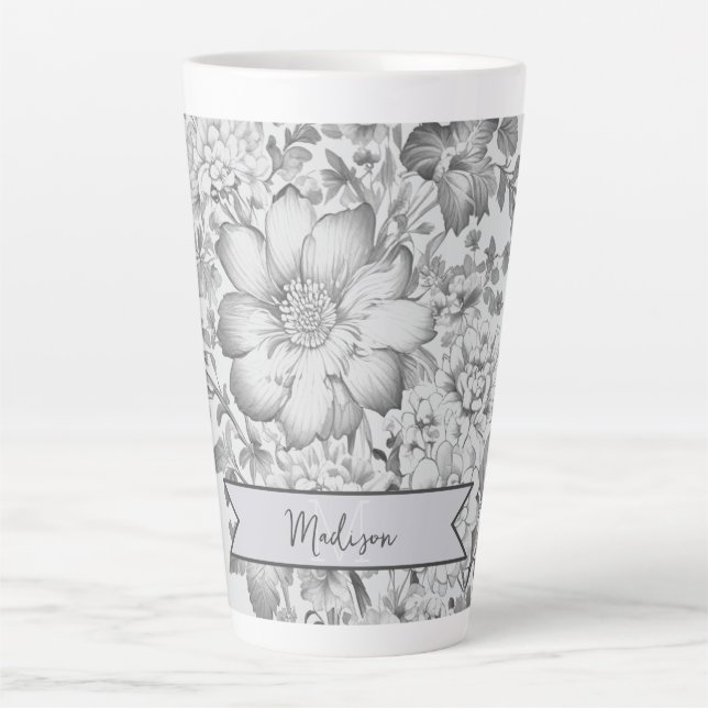 Grey Vintage Chinoiserie Floral Personalised Latte Mug (Front)