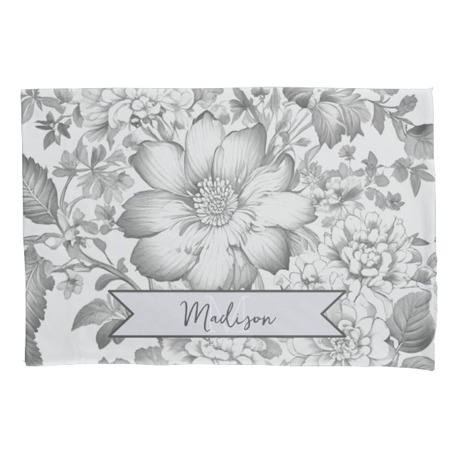 Grey Vintage Chinoiserie Floral Personalised Pillowcase (Front)