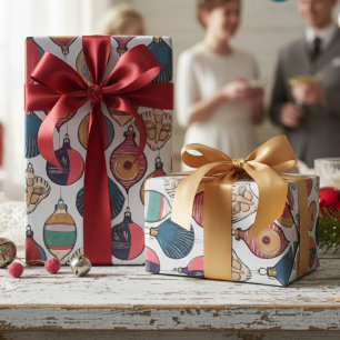 Grey Vintage Christmas Ornaments Pattern Wrapping Paper