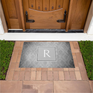 Grey Vintage Damask Monogram Doormat