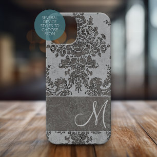 Grey Vintage Damask Pattern with Monogram iPhone 16 Case