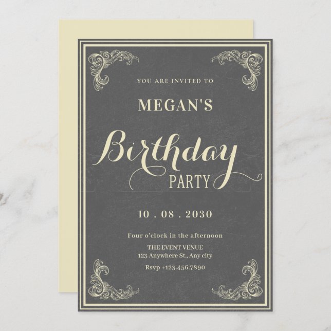 Grey vintage elegant birthday  invitation (Front/Back)