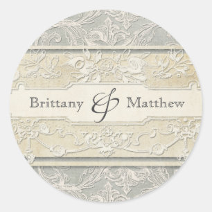Grey Vintage French Regency Lace Weddings Classic Round Sticker