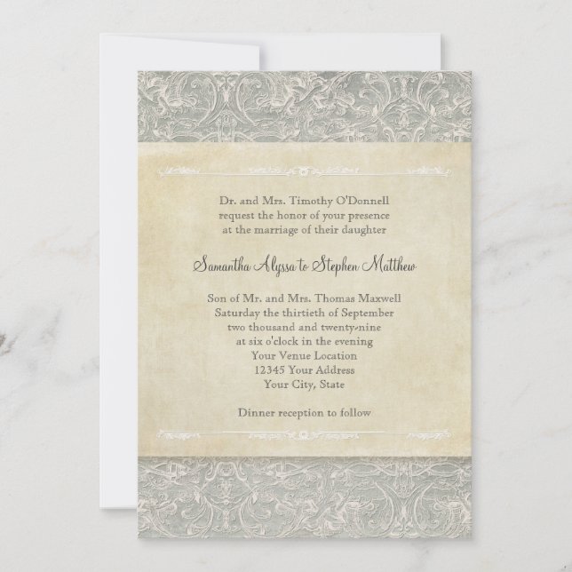Grey Vintage French Regency Lace Weddings Invitation (Front)