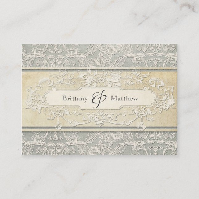 Grey Vintage French Regency Lace Weddings Place Card (Front)