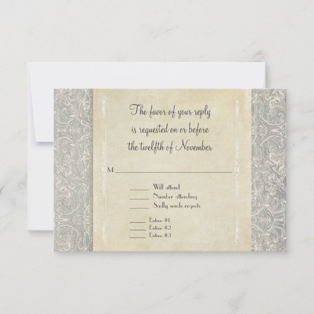 Grey Vintage French Regency Lace Weddings RSVP Card (Front)