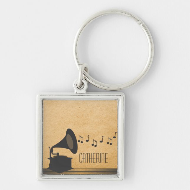Grey Vintage Gramophone Premium Keychain (Front)