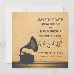 Grey Vintage Gramophone Save the Date Invite