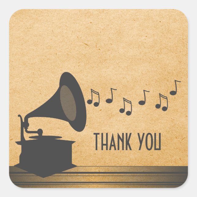 Grey Vintage Gramophone Thank You Stickers (Front)