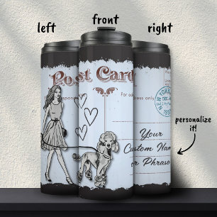 Grey Vintage Postcard Shopping Woman Poodle Love  Thermal Tumbler