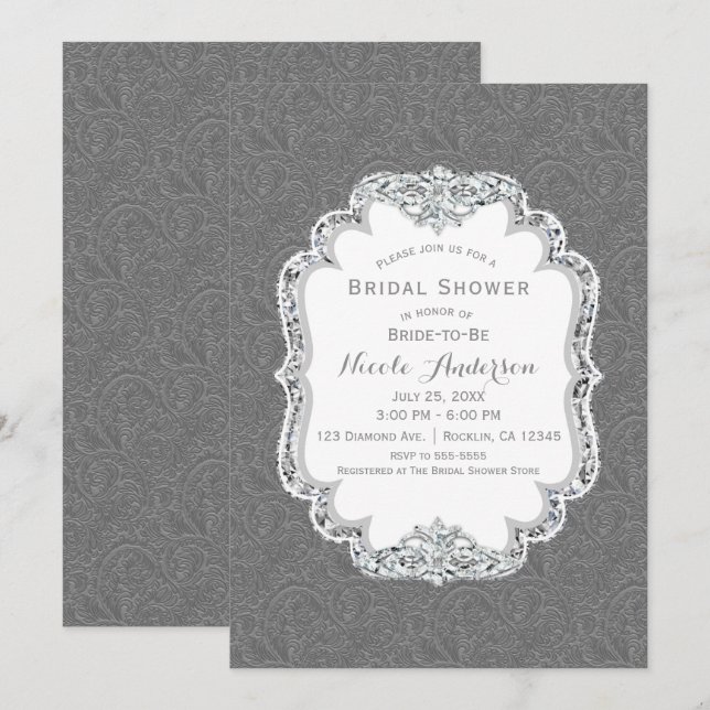 Grey Vintage Western Glamour Bling Bridal Shower Invitation (Front/Back)