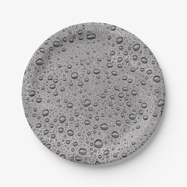 Grey water droplets paper plate (Front)
