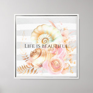 Grey Watercolor Beach Stripes Gold Floral Shells Canvas Print