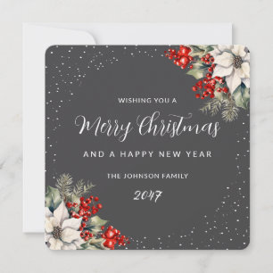 Grey Watercolor Botanical Christmas New Year Card
