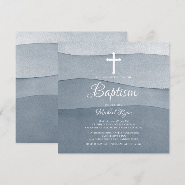 Grey Watercolor Boys Baptism Invitation (Front/Back)