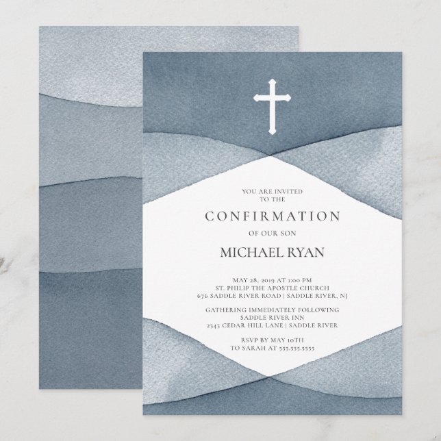 Grey Watercolor Boys Confirmation Invitation (Front/Back)
