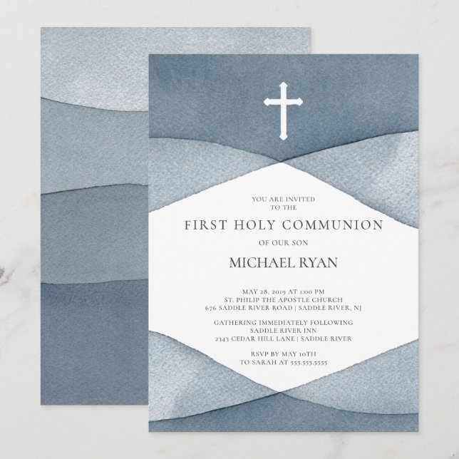Grey Watercolor Boys First Holy Communion Invitation (Front/Back)