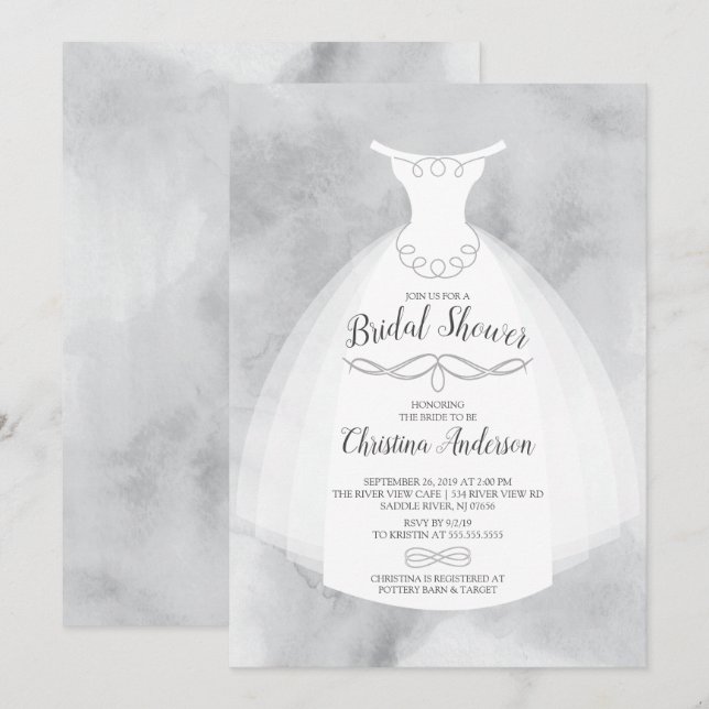 Grey Watercolor Bride Gown Bridal Shower Invitation (Front/Back)