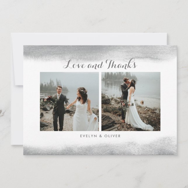 Grey Watercolor Dip Wedding Photo Thank You Card (Front)