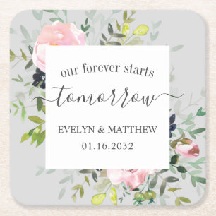 Grey Watercolor Floral Forever Starts Tomorrow Square Paper Coaster