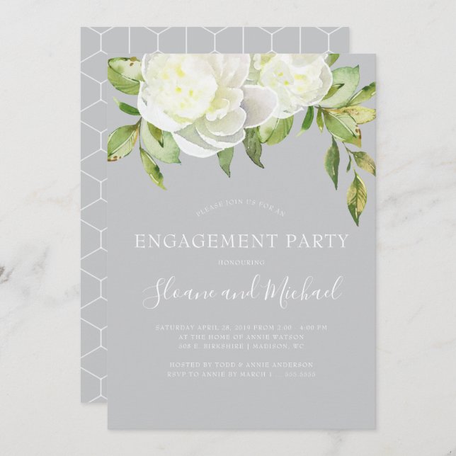 Grey Watercolor Floral Peony Engagement Party Invitation (Front/Back)