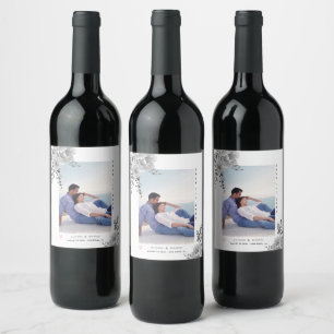 Grey watercolor flowers and photo wine label