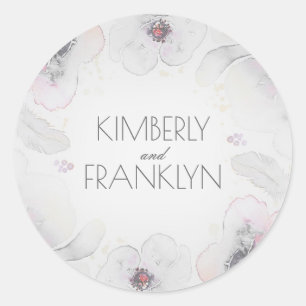 Grey Watercolor Flowers Boho Feathers Wedding Classic Round Sticker
