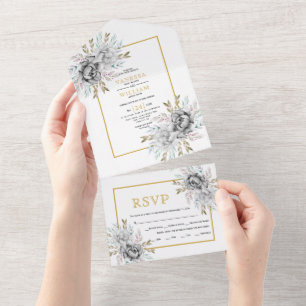 Grey watercolor flowers gold frame wedding   all in one invitation