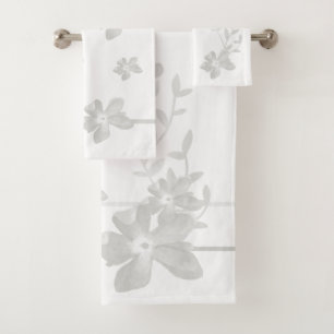 Grey Watercolor Flowers Stripes On White Bath Towel Set