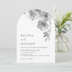 Grey Watercolor Flowers White Arched Wedding Invitation