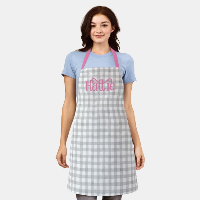 Grey Watercolor Gingham Personalised Apron (Worn)
